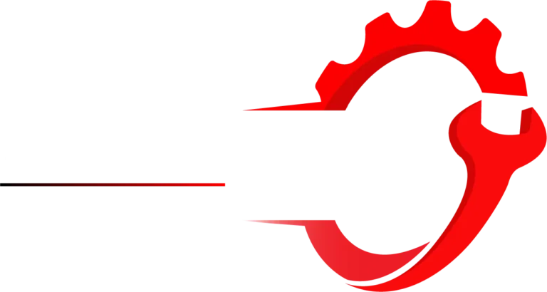 Logo Mécanique Sportive – média automobile, texte blanc stylisé avec engrenage et clé rouge symbolisant la mécanique et la performance auto.