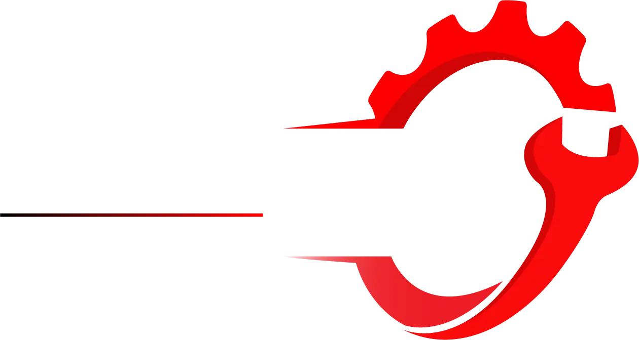 Logo Mécanique Sportive – média automobile, texte blanc stylisé avec engrenage et clé rouge symbolisant la mécanique et la performance auto.
