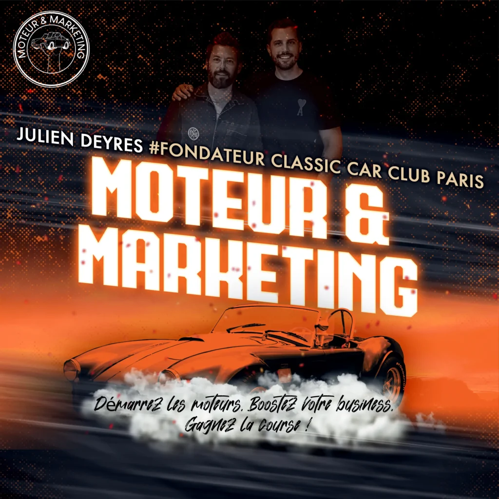 Cover du podcast Moteur & Marketing avec Julien Deyres, fondateur du Classic Car Club Paris. Visuel noir et orange avec une voiture sportive type ac cobra et le titre de l’épisode.