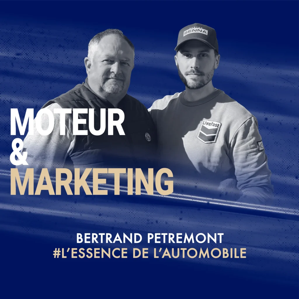 Cover du podcast Moteur & Marketing avec Bertrand Petremont, fondateur de L’Essence de l’Automobile. Visuel bleu avec photo de Bertrand Petremont et titre de l’épisode.